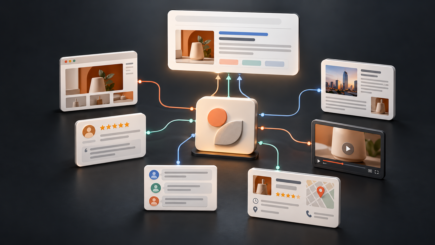 Diagram showing a brand website, reviews, news, video, community discussions and business data feeding an AI-generated search answer