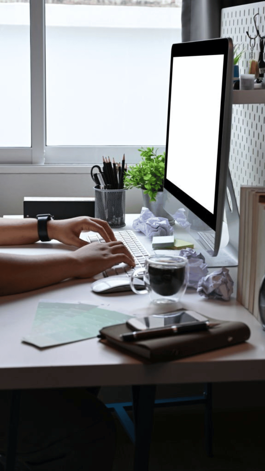 Desk With Computer, Stationery & Coffee Cup